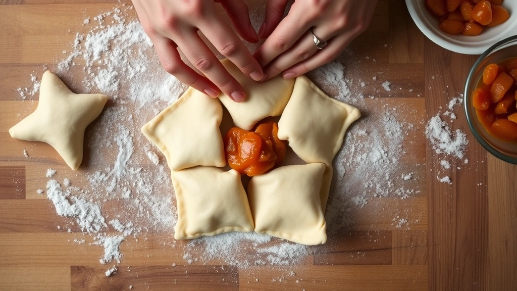 Overhead shot of baker's hands folding raw hamantaschen dough into three-cornered shape, with apricot filling visible in the center, wooden work surface, scattered flour, bowl of filling nearby