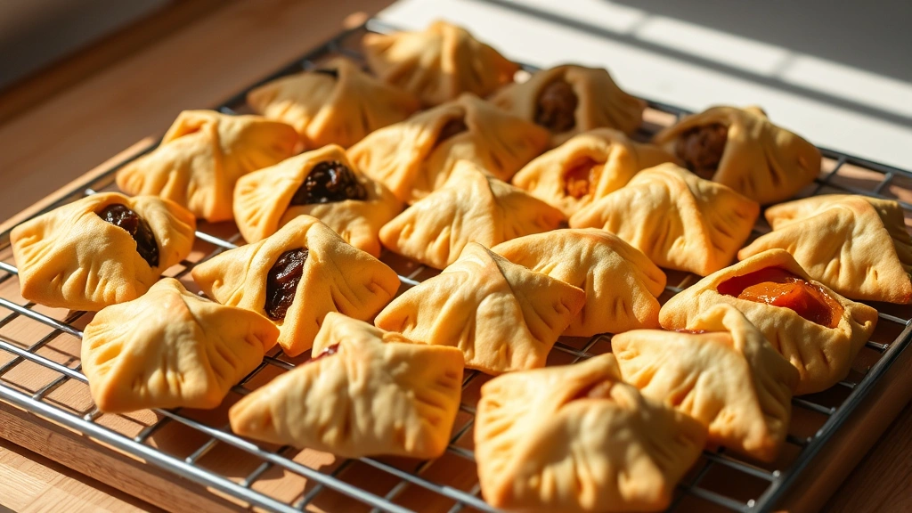 Finished batch of approximately fifteen golden hamantaschen cookies arranged on a wooden cooling rack, showing different filling varieties (dark prune, lighter apricot, and poppy seed), steam rising slightly, warm afternoon light