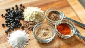 Close-up of seasoning ingredients arranged on a wooden cutting board: kosher salt crystals, black peppercorns, garlic powder, onion powder, smoked paprika, and Worcestershire powder in small glass bowls with stainless steel measuring spoons, natural window lighting