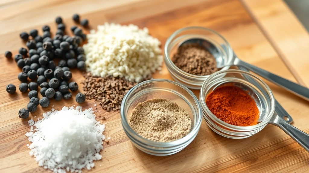 Close-up of seasoning ingredients arranged on a wooden cutting board: kosher salt crystals, black peppercorns, garlic powder, onion powder, smoked paprika, and Worcestershire powder in small glass bowls with stainless steel measuring spoons, natural window lighting