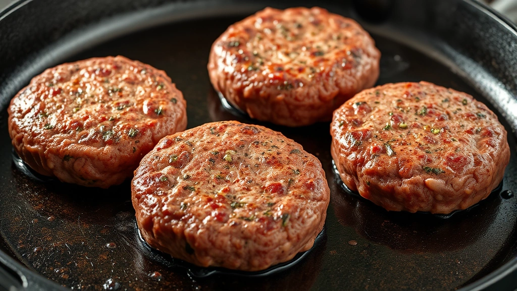 Four perfectly formed burger patties with visible seasoning specks on a hot cast iron griddle, developing golden-brown crust, steam rising, professional food photography style