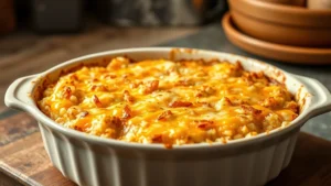 Golden-brown baked hash brown casserole bubbling at edges in ceramic baking dish, steam rising, cheese melted and crispy on top, rustic kitchen background