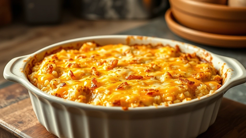Golden-brown baked hash brown casserole bubbling at edges in ceramic baking dish, steam rising, cheese melted and crispy on top, rustic kitchen background