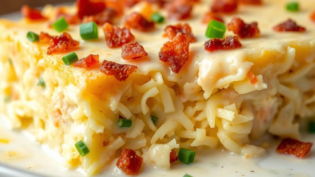 Close-up of creamy hash brown casserole cross-section showing layers of shredded potatoes and rich cream sauce, garnished with fresh chives and crispy bacon bits
