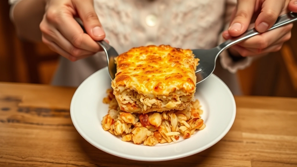 Grandmother's hands serving a perfect square portion of hash brown casserole onto white plate using silver spatula, golden crust visible, warm kitchen lighting
