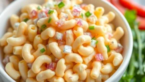 Close-up of creamy Hawaiian mac salad in a white bowl with elbow pasta coated in rich mayo-based dressing, diced sweet onions visible, fresh ingredients around the bowl, natural daylight, appetizing presentation