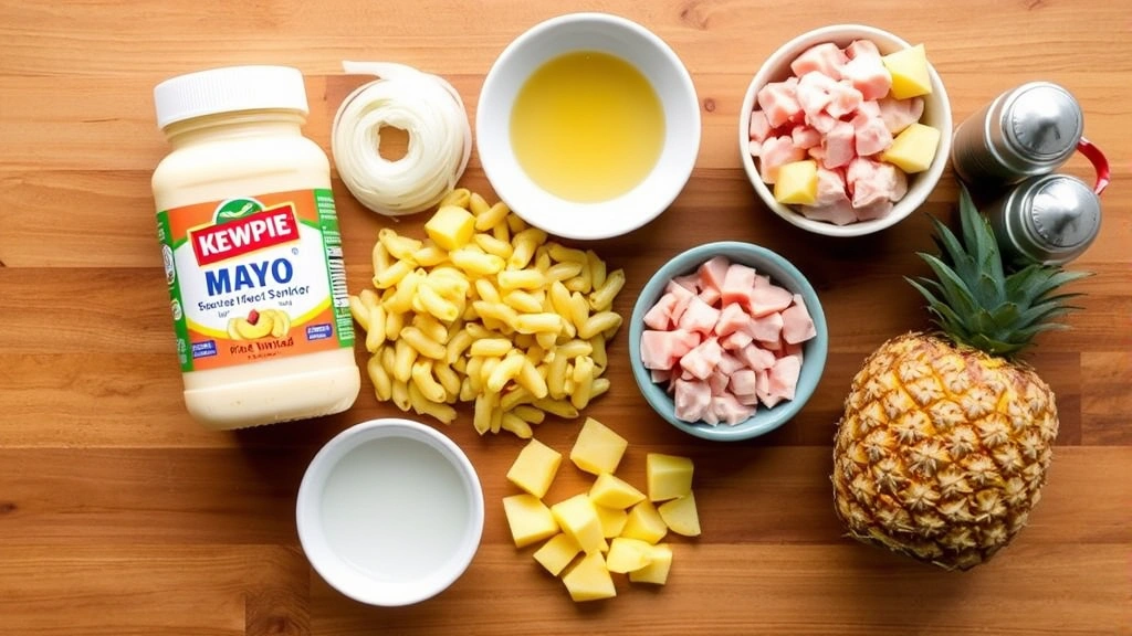Overhead view of ingredients for Hawaiian mac salad laid out on a wooden surface: Kewpie mayo jar, uncooked elbow macaroni, fresh sweet onion, small bowl of rice vinegar, diced ham or Spam cubes, fresh pineapple chunks, salt and pepper shakers
