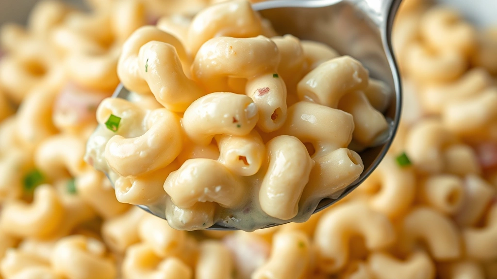 Close-up of a spoon lifting creamy Hawaiian mac salad showing the signature thick, mayo-coated pasta texture, individual elbow pieces glistening with dressing, onion pieces visible, soft warm lighting