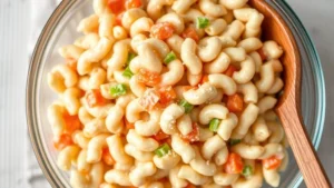 Overhead shot of creamy Hawaiian macaroni salad in a clear glass bowl showing elbow pasta coated in mayo-based dressing with diced carrots and celery visible, garnished with a sprinkle of white pepper, wooden serving spoon alongside