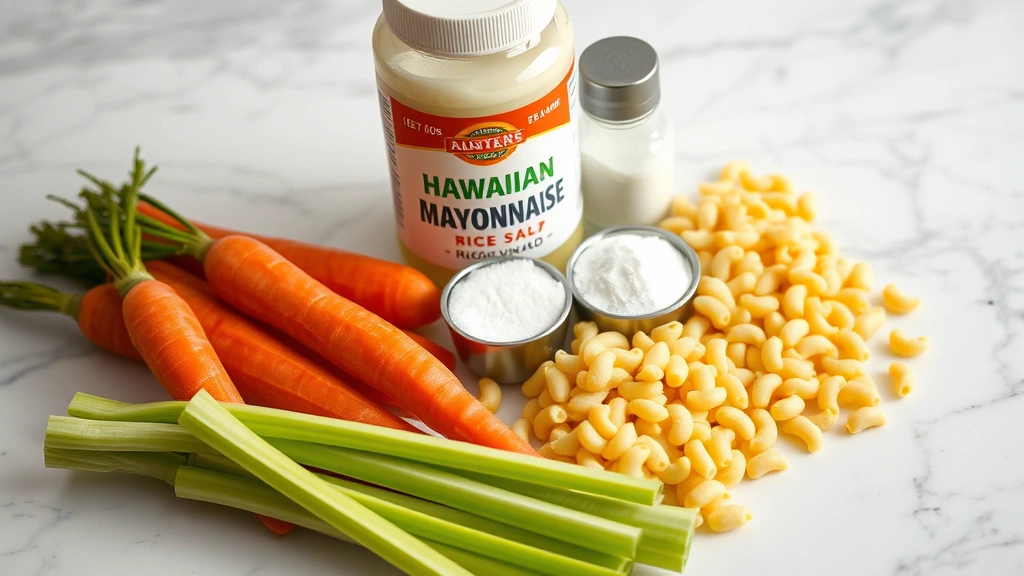 Close-up of ingredients for Hawaiian mac salad arranged on white marble countertop: jar of mayonnaise, bottle of rice vinegar, granulated sugar, white pepper, fresh carrots, crisp celery stalks, and uncooked elbow macaroni
