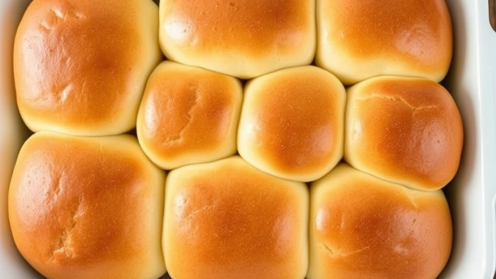 Overhead shot of soft, golden-brown Hawaiian rolls fresh from oven, steam rising, arranged in white baking pan, showing fluffy texture and glossy butter finish