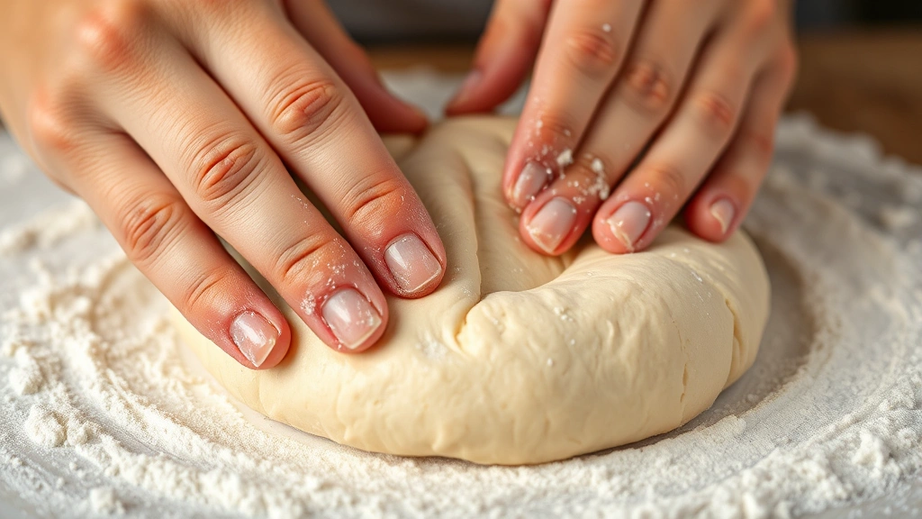 Close-up macro photography of hands gently kneading smooth, elastic dough on floured surface, showing proper dough consistency and development