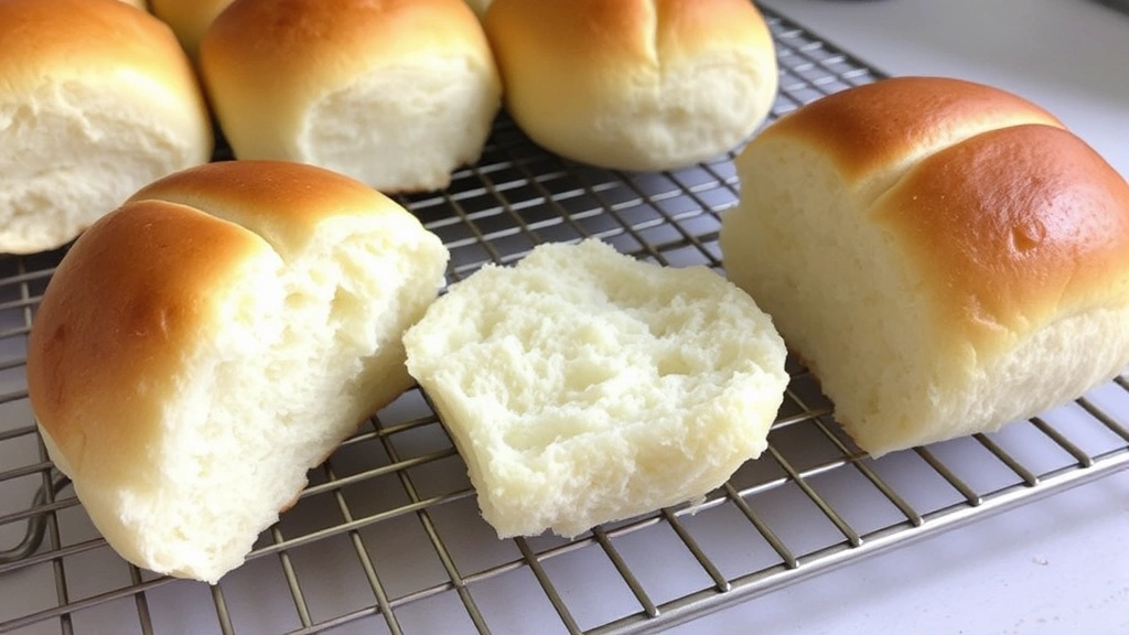Freshly baked Hawaiian rolls cooling on wire rack, golden-brown tops, one roll broken in half revealing cloud-like fluffy interior crumb structure