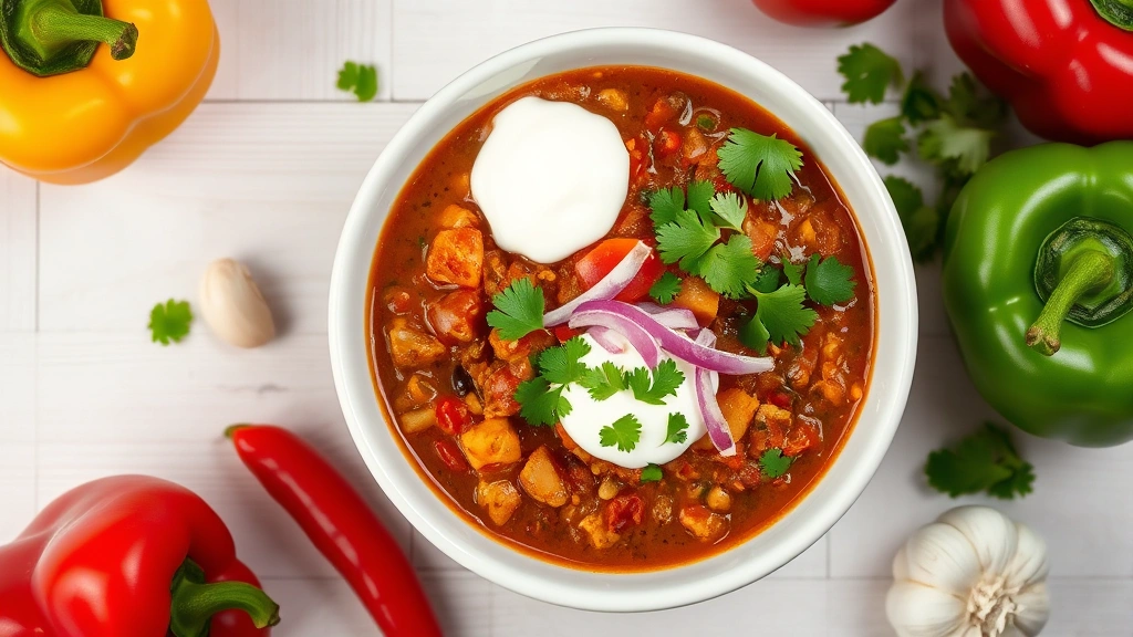Overhead view of vibrant healthy chili in a white ceramic bowl, topped with fresh cilantro, diced red onion, and Greek yogurt dollop, surrounded by colorful bell peppers and fresh garlic cloves on a light wooden surface
