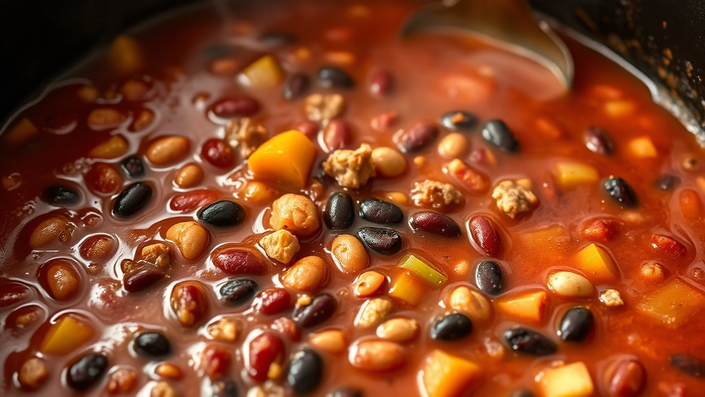 Close-up of simmering chili in a large cast iron Dutch oven, showing rich red broth with visible kidney beans, black beans, ground turkey, and diced vegetables, steam rising, natural kitchen lighting