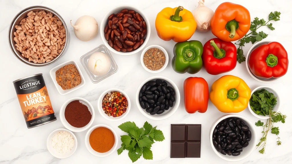 Flat lay of healthy chili ingredients arranged artfully: lean ground turkey, canned fire-roasted tomatoes, kidney beans, black beans, fresh bell peppers in multiple colors, onion, garlic, dried spices in small bowls, dark chocolate square, and fresh herbs on a clean kitchen counter