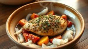 Steaming bowl of herb-crusted chicken breast with roasted root vegetables and fresh herbs garnish, warm golden lighting, ceramic bowl on wooden surface