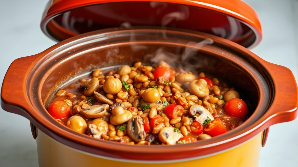 Colorful slow cooker filled with vibrant lentil bolognese sauce with mushrooms and tomatoes, lid partially open showing bubbling contents, steam visible