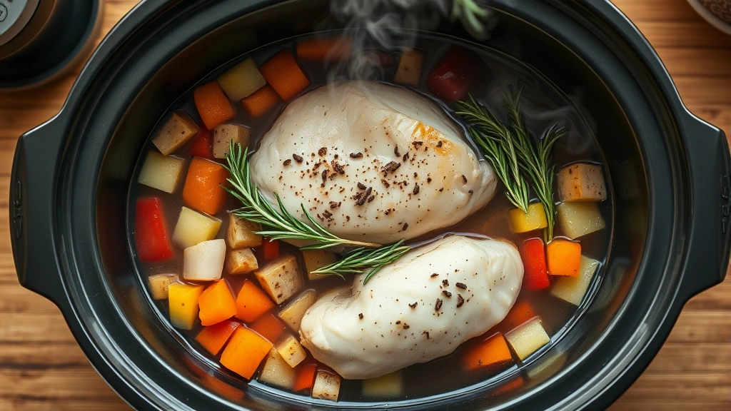 Overhead view of a modern crockpot filled with colorful diced vegetables, lean chicken breast, fresh herbs like rosemary and thyme scattered on top, steaming broth visible, warm kitchen lighting