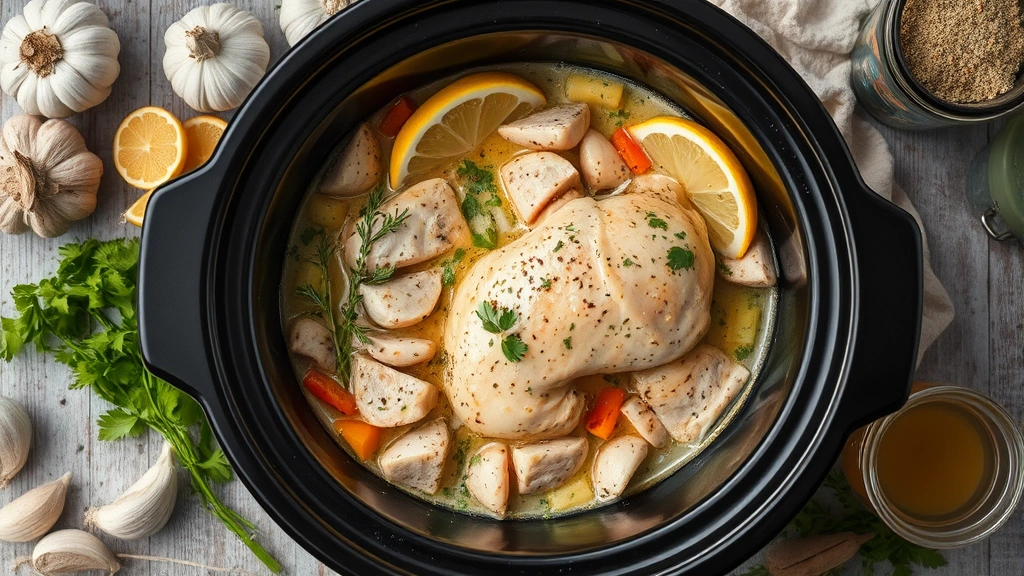 Overhead view of creamy chicken and vegetables steaming in a crockpot, garnished with fresh herbs and lemon wedges, surrounded by ingredients including garlic, herbs, and broth containers