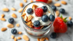 Overhead view of colorful Greek yogurt parfait in tall glass with layers of creamy Greek yogurt, fresh mixed berries including blueberries and raspberries, golden granola, and sliced almonds, natural lighting