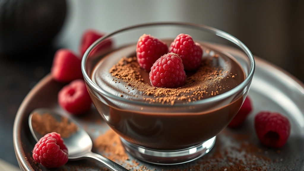 Close-up of silky dark chocolate avocado mousse in elegant glass bowl topped with fresh raspberries and cocoa powder dusting, minimalist plating, warm soft lighting