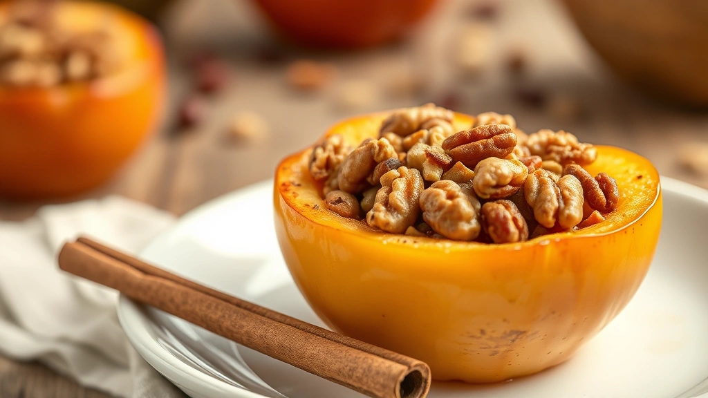 Golden baked apple halves filled with walnut and cinnamon mixture, steam rising, served on white ceramic plate with cinnamon stick garnish, rustic farmhouse styling