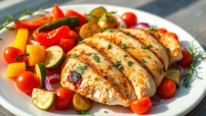 Vibrant Mediterranean-style chicken breast with roasted colorful vegetables including bell peppers, zucchini, cherry tomatoes, and red onions on white ceramic plate, fresh herbs garnish, natural sunlight