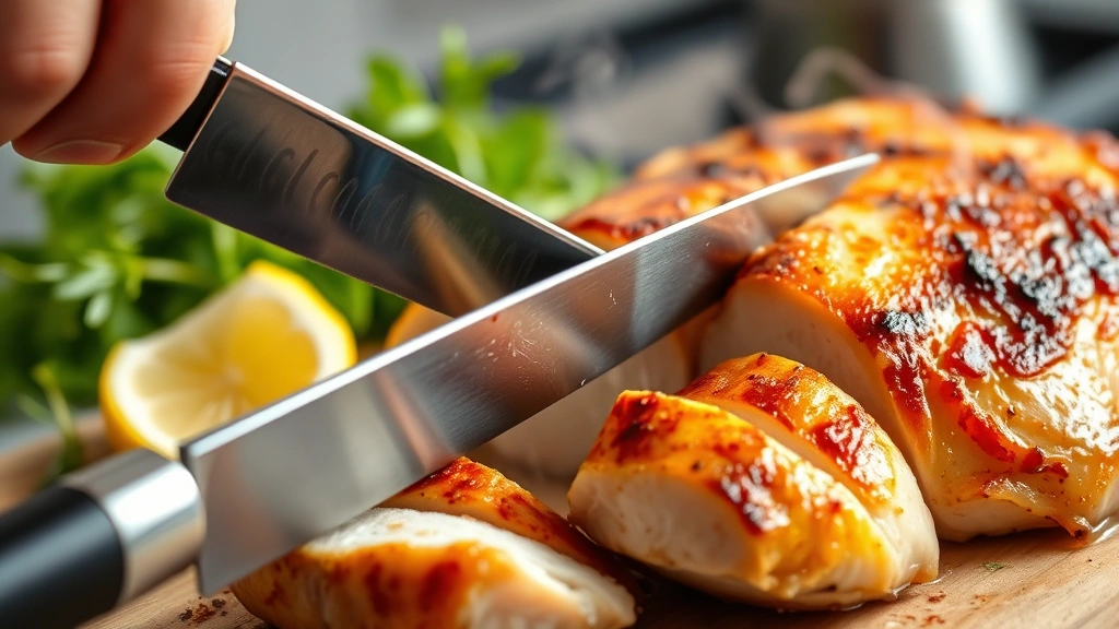 Close-up of perfectly cooked golden-brown chicken breast being sliced with a sharp knife, steam rising, fresh lemon wedge and herbs visible, professional kitchen setting