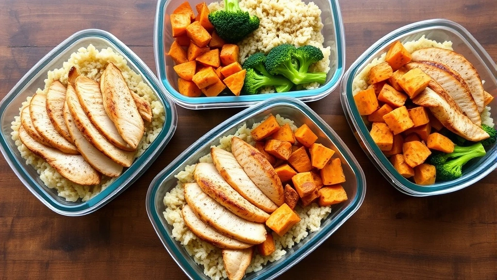 Beautiful meal prep containers with grilled chicken breast strips, brown rice, steamed broccoli, and roasted sweet potato cubes, arranged for weekly meal planning on wooden table