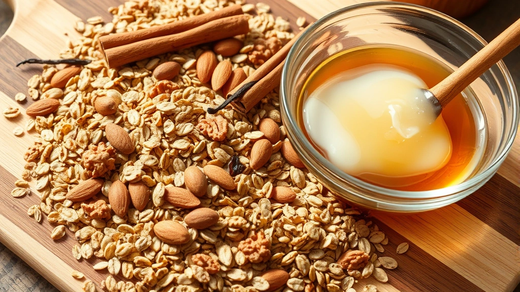 Close-up of mixed granola ingredients spread on wooden board: raw oats, almonds, walnuts, pumpkin seeds, sunflower seeds, cinnamon stick, vanilla pod, coconut oil, and honey in glass bowl, natural sunlight, rustic kitchen setting