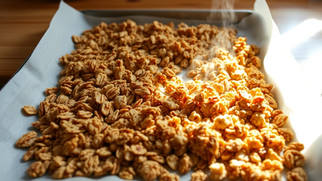 Golden-brown freshly baked granola cooling on parchment-lined baking sheet, crispy clusters visible, steam rising, natural warm lighting, kitchen counter background, showing texture and color