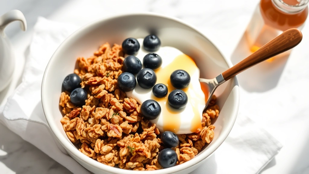 Finished granola served in white ceramic bowl with Greek yogurt, fresh blueberries, and honey drizzle, wooden spoon, white linen napkin, marble countertop, morning sunlight, appetizing breakfast presentation