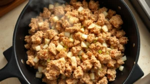 Seasoned ground turkey sizzling in cast iron skillet with diced onions and garlic, steam rising, golden brown crust visible, overhead angle, natural kitchen lighting