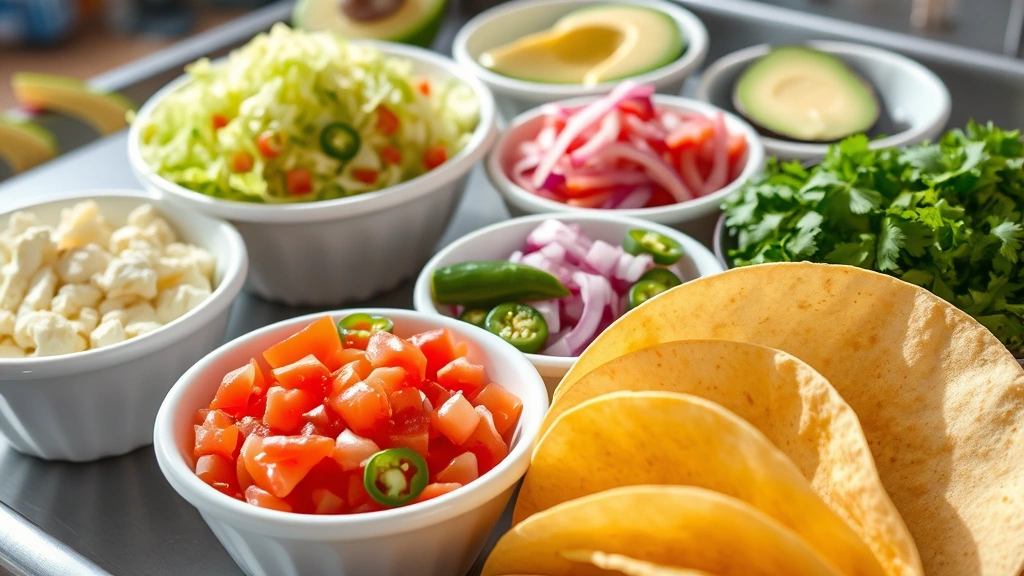 Vibrant taco assembly station with shredded lettuce, diced tomatoes, sliced jalapeños, avocado, red onion, fresh cilantro in separate white bowls, warm corn tortillas in foreground, bright daylight