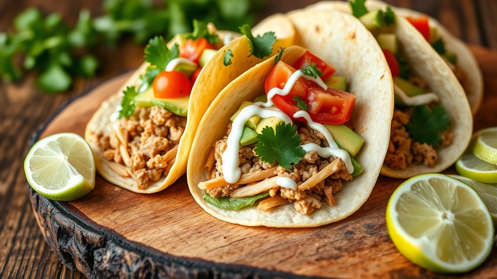 Fully assembled ground turkey tacos on rustic wooden plate with lime wedges, topped with lettuce, tomatoes, cilantro, avocado, drizzled with creamy sauce, shallow depth of field, appetizing close-up