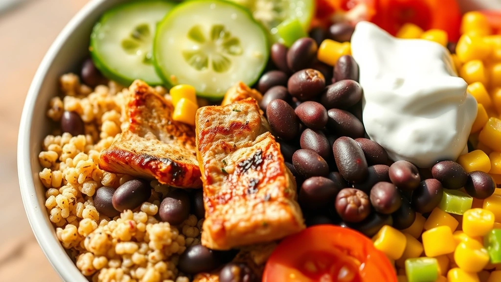 Close-up of colorful Buddha bowl with quinoa, grilled turkey, black beans, corn, cucumber, tomato, and Greek yogurt dollop, vibrant vegetables, natural daylight
