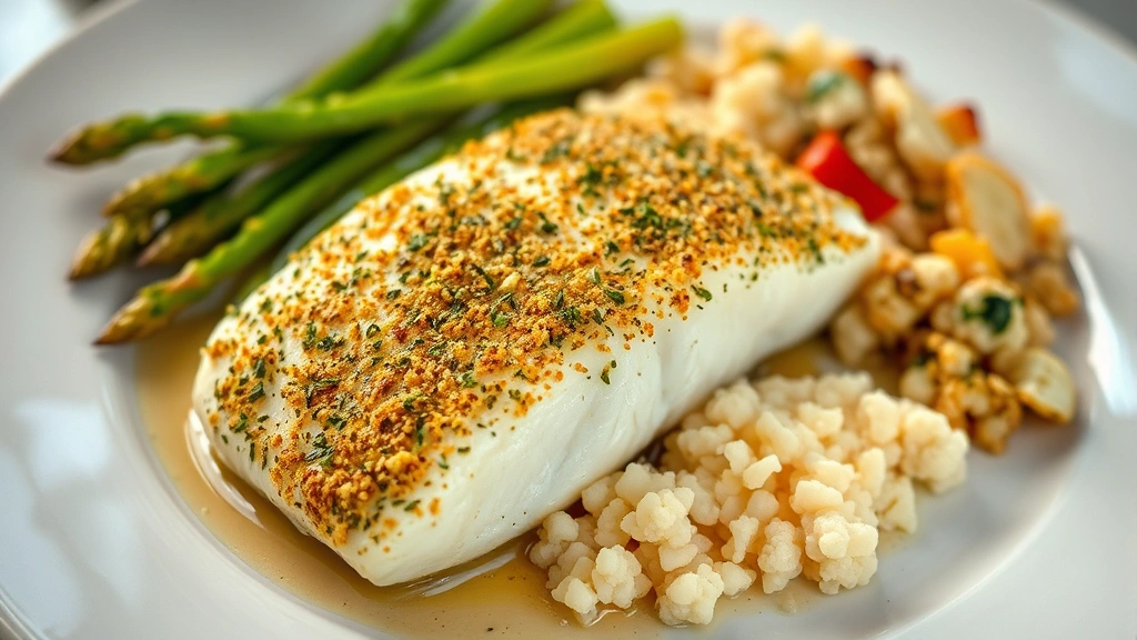Baked white fish fillet with herb crust golden-brown top, served alongside roasted asparagus and cauliflower rice on elegant plating, steam rising, restaurant-quality presentation