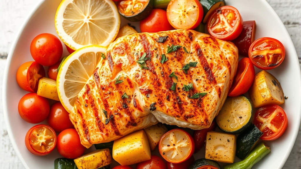 Overhead shot of grilled salmon fillet with roasted vegetables including cherry tomatoes, zucchini, and bell peppers on white plate, garnished with fresh lemon wedge and herbs