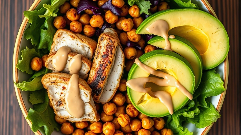 Colorful Buddha bowl with grilled chicken breast, roasted chickpeas, mixed greens, avocado slices, and drizzle of tahini dressing photographed from above