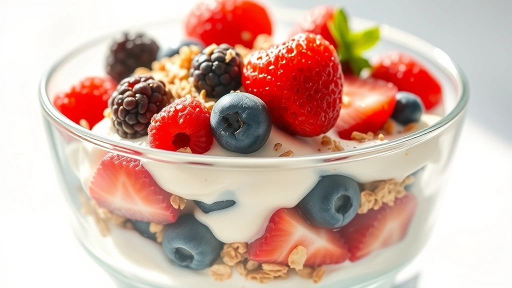 Greek yogurt parfait in clear glass bowl with layers of nonfat yogurt, fresh mixed berries, ground flaxseed, and granola, natural lighting