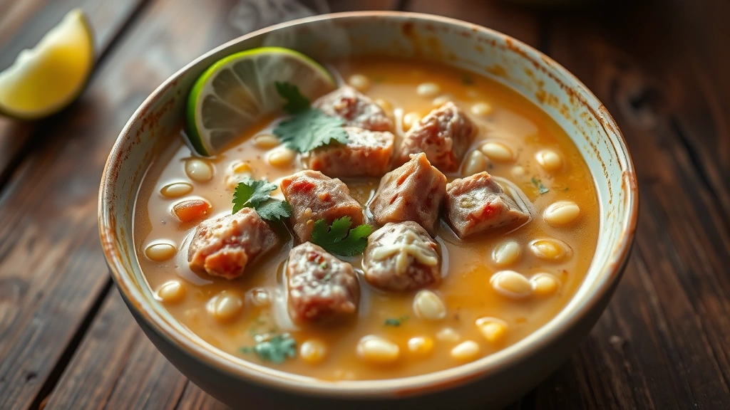 Steaming bowl of creamy hominy soup with tender meat pieces and hominy kernels visible, garnished with fresh cilantro and lime wedge, rustic wooden table background, golden broth catching light, comfort food photography