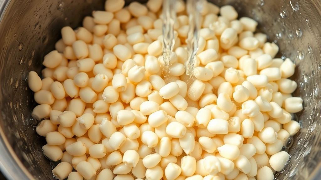 Close-up of raw hominy kernels being rinsed under running water in a colander, showing the large white fluffy corn kernels, water droplets visible, bright natural lighting, kitchen sink setting