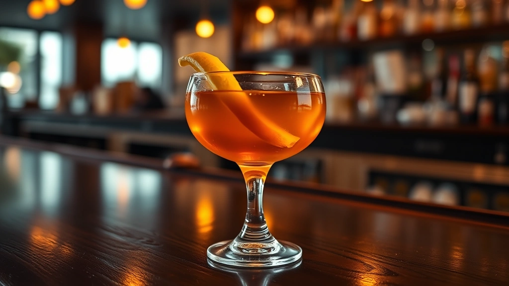 Golden amber bourbon cocktail in a coupe glass with fresh lemon twist garnish, sitting on a dark wooden bar counter with warm overhead lighting