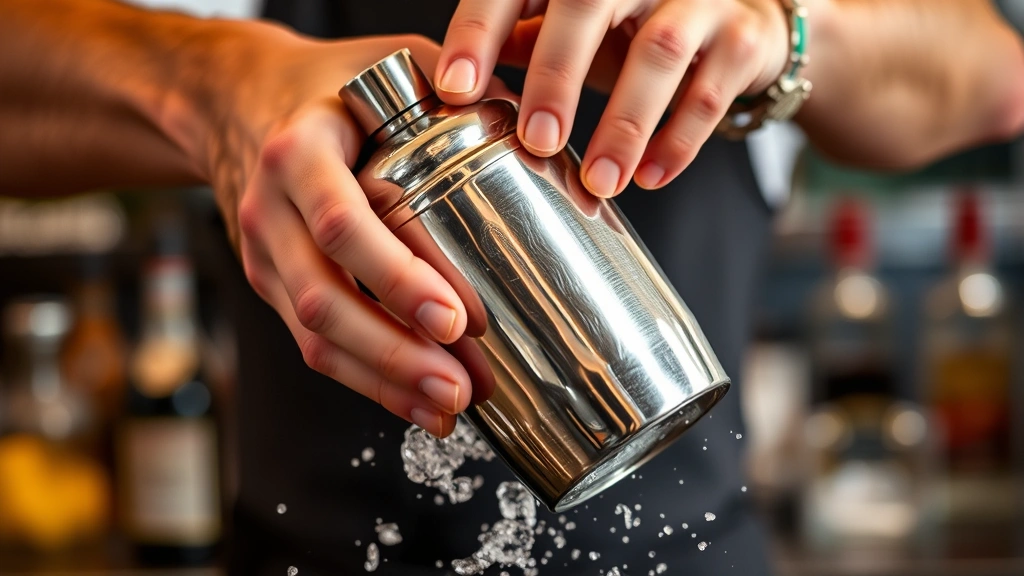 Close-up of hands shaking a stainless steel Boston shaker vigorously with ice, showing professional bartending technique with blurred bar background