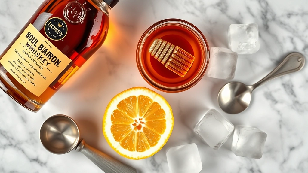 Overhead flat lay of cocktail ingredients: bottle of bourbon whiskey, fresh honey in glass jar, cut lemon halves, jigger, bar spoon, and ice on marble surface