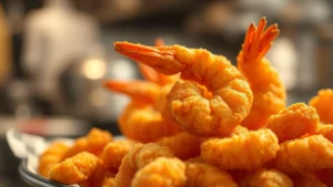 Golden-fried shrimp with crispy battered exterior glistening in warm kitchen lighting, shallow depth of field, professional food photography style