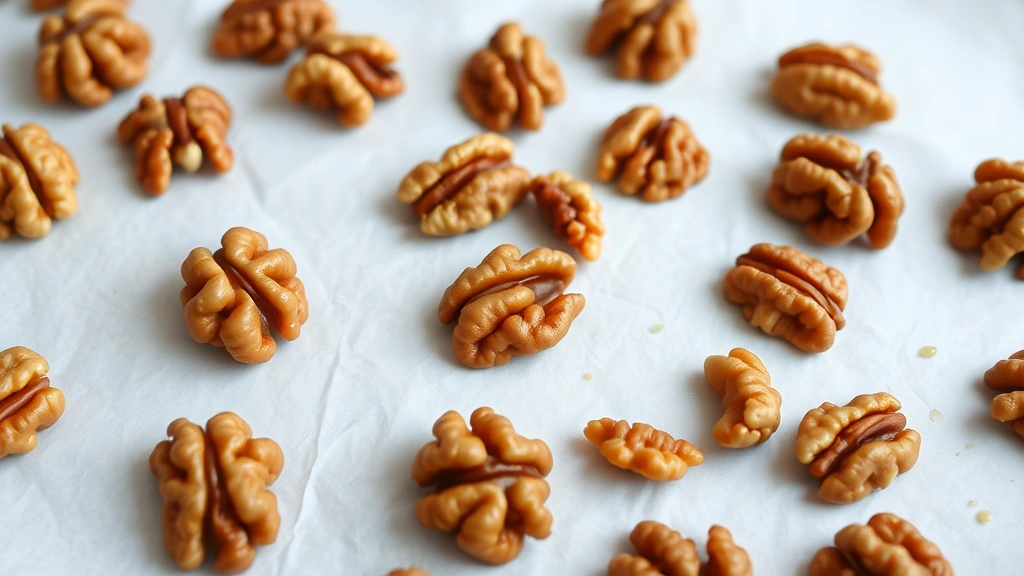 Candied walnuts scattered on white parchment paper showing caramelized honey coating and individual walnut texture detail, natural daylight