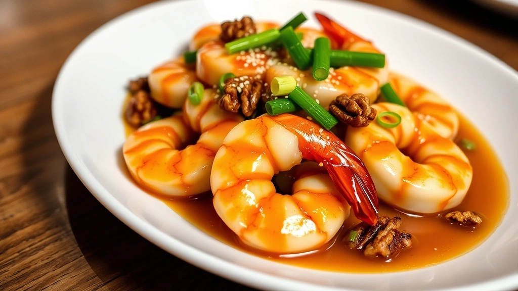 Plated honey walnut shrimp dish with glossy sauce coating, candied walnuts visible, sesame seeds and green onion garnish, restaurant presentation on white plate