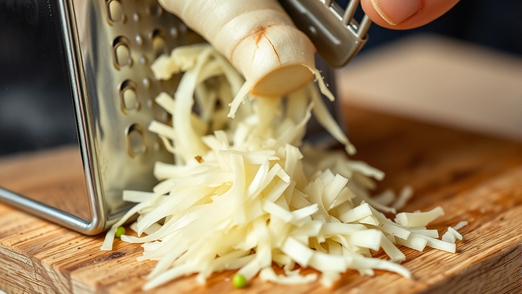 Close-up of fresh horseradish root being grated on a box grater with white flesh visible, sharp action shot showing texture and detail